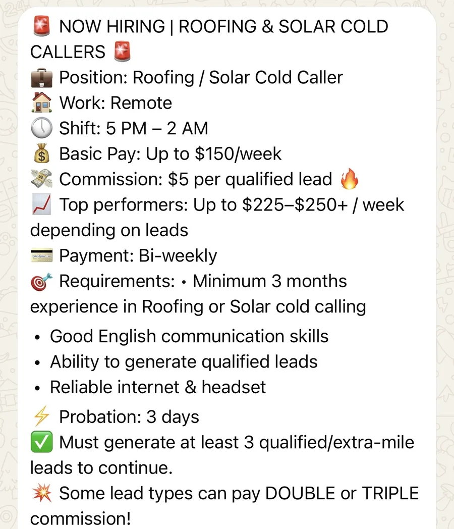 Roofing & Solar Cold Caller — Remote